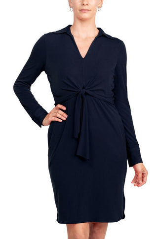 London Times Collared V-Neck Long Sleeve Solid Tie Front Short Matte Jersey Dress - Navy - Front