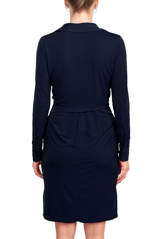 London Times Collared V-Neck Long Sleeve Solid Tie Front Short Matte Jersey Dress - Navy - Back