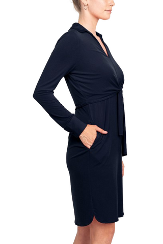 London Times Collared V-Neck Long Sleeve Solid Tie Front Short Matte Jersey Dress - Navy - Side