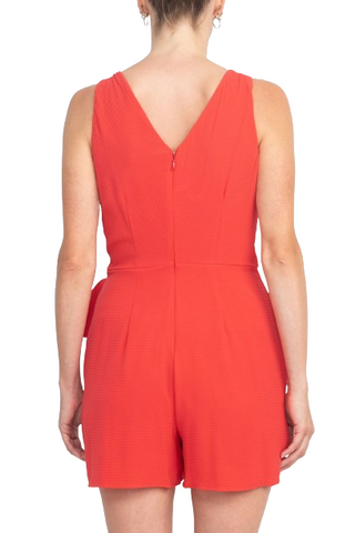 London Times V-Neck Sleeveless Pleated Tie Waist Zipper Back Solid Crepe Romper - Coral - Back