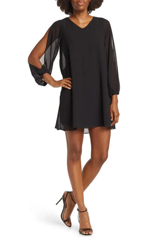 Tash + Sophie V-Neck Slit Long Sleeve Tie Back Solid Chiffon Dress