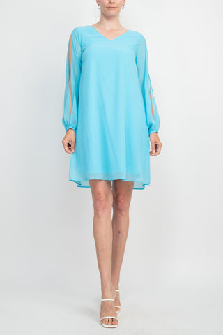 Tash + Sophie V-Neck Slit Long Sleeve Tie Back Solid Chiffon Dress