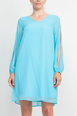 Tash + Sophie V-Neck Slit Long Sleeve Tie Back Solid Chiffon Dress