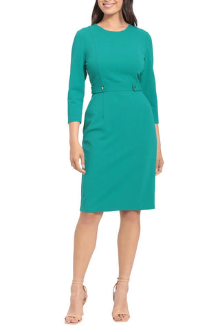 London Times Crew Neck 3/4 Sleeve Bodycon Button Adorned Waist Band Solid Scuba Crepe Dress - EMERALD - FRONT VIEW