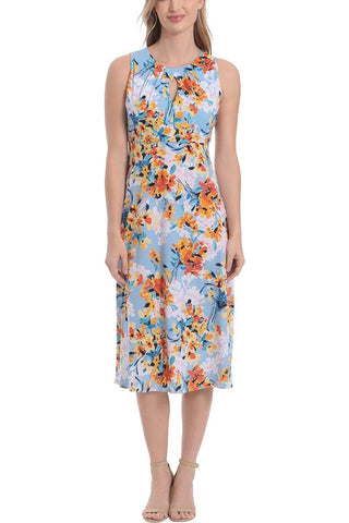 London Times Printed Sleeveless Versatile Empire A-line Keyhole Neckline Midi Dress - Blue Orange - Front