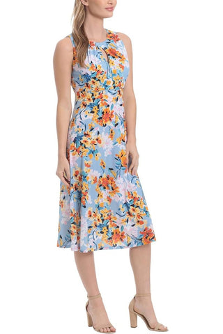 London Times Printed Sleeveless Versatile Empire A-line Keyhole Neckline Midi Dress - Blue Orange - Side