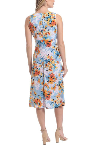 London Times Printed Sleeveless Versatile Empire A-line Keyhole Neckline Midi Dress - Blue Orange - Back