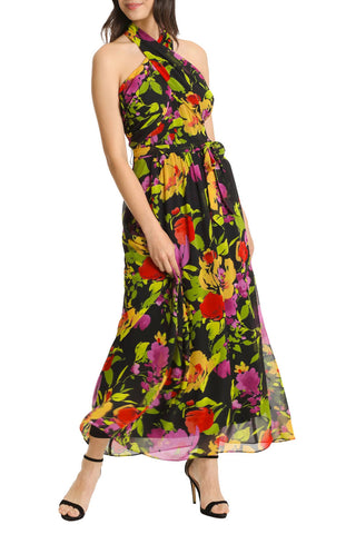 London Times Crossed Neck Sleeveless Tie Waist Floral Chiffon Dress