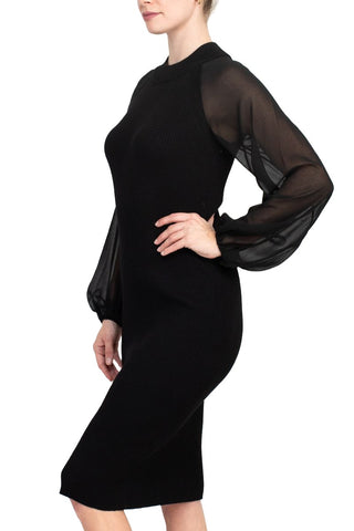 London Times crew neck chiffon long sleeve bodycon knit dress - BLACK - Side view