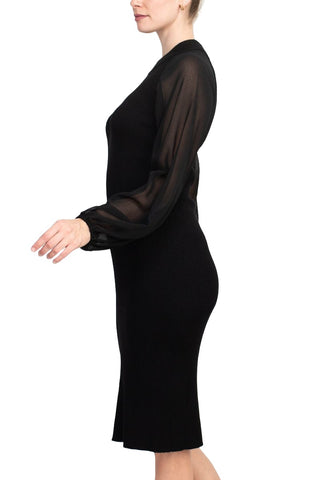 London Times crew neck chiffon long sleeve bodycon knit dress - BLACK - Side