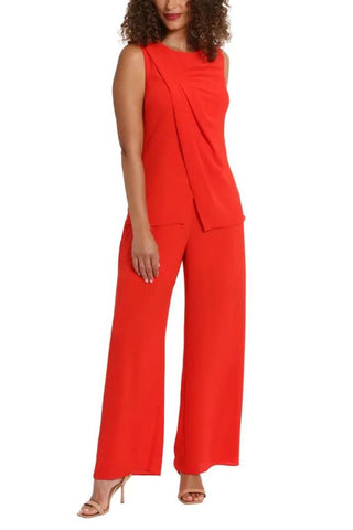 London Times Jewel Neck Pleated Crisscross Jumpsuit - Red - Side