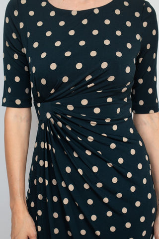 Connected Apparel boat neck elbow sleeve faux wrap detail stretch knit polka dot dress