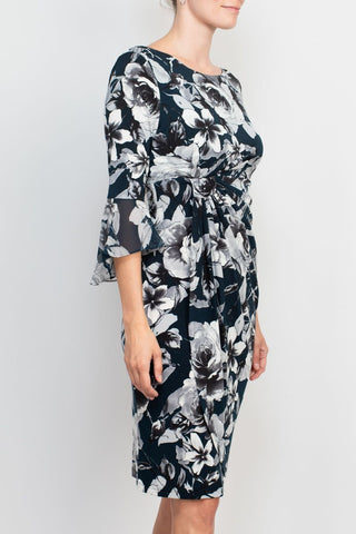 Connected Apparel boat neck slit 3/4 circular flounce sleeve gathered side floral print ity shift dress