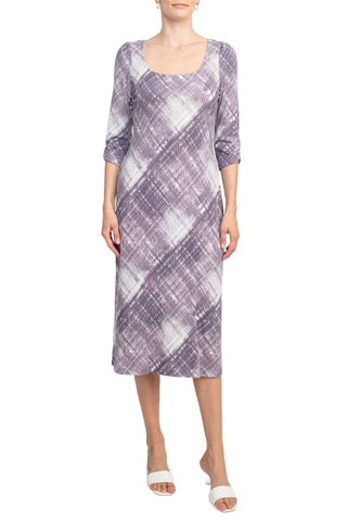 Connected Apparel Square Neck ¾ Sleeve Multi Print A-Line Knit Dress - DLV - Front