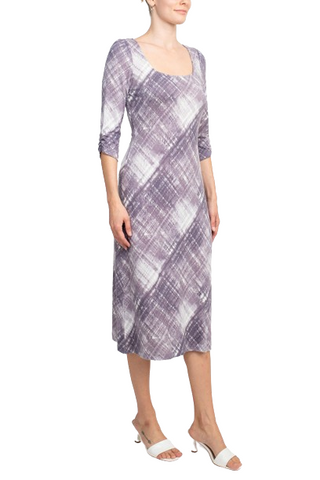 Connected Apparel Square Neck ¾ Sleeve Multi Print A-Line Knit Dress - DLV - Side