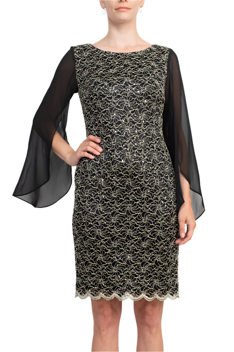 Connected Apparel Boat Neck Chiffon Sleeve Sequined Lace Dress Connected Apparel Boat Neck Chiffon Sleeve Sequined Lace Dress