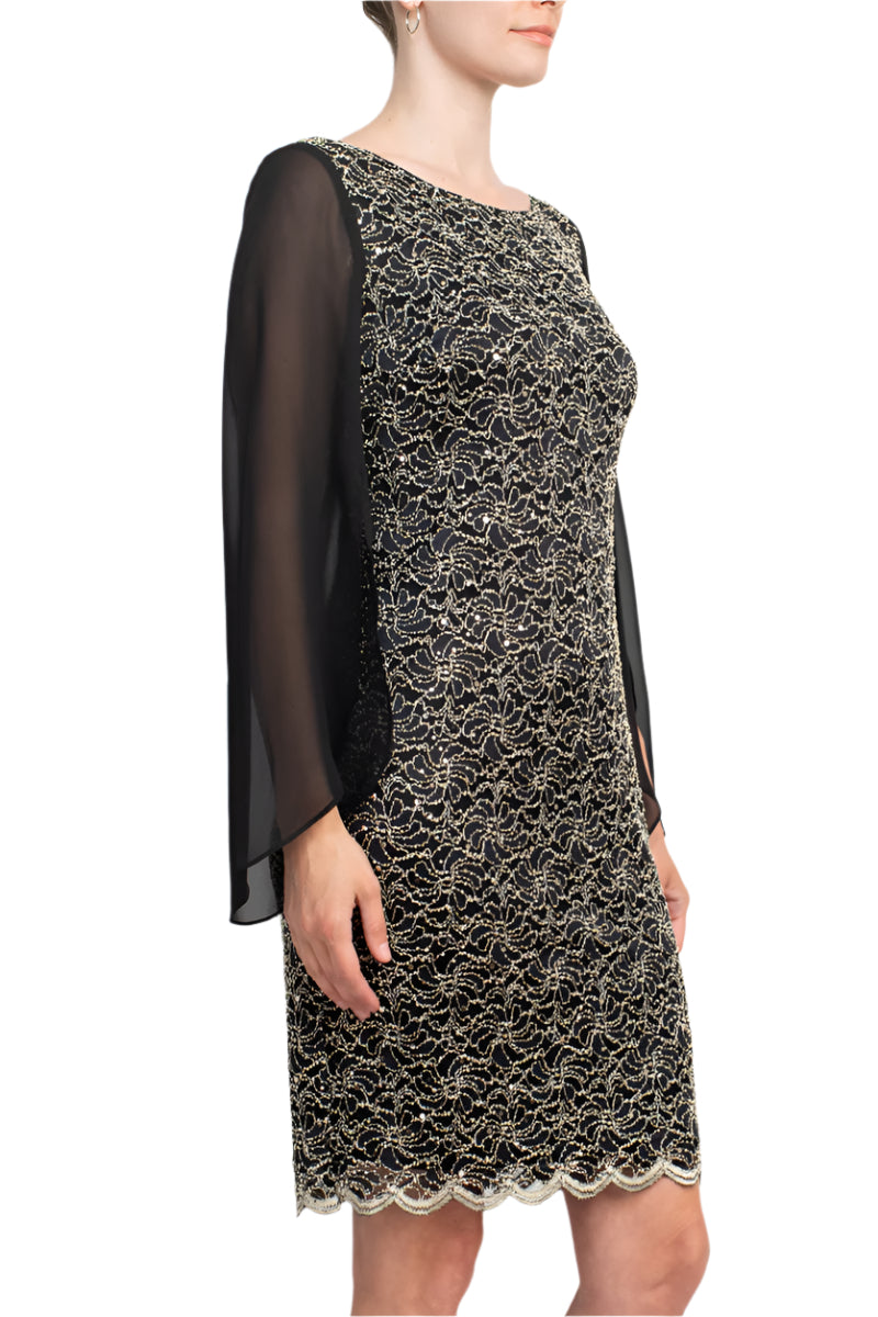 Connected Apparel Boat Neck Chiffon Sleeve Sequined Lace Dress Connected Apparel Boat Neck Chiffon Sleeve Sequined Lace Dress