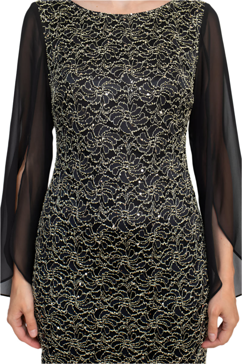 Connected Apparel Boat Neck Chiffon Sleeve Sequined Lace Dress Connected Apparel Boat Neck Chiffon Sleeve Sequined Lace Dress