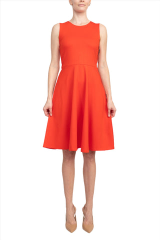 T Tahari Crew Neck Sleeveless Fit and Flare Solid Scuba Dress_geranium_Front Full View
