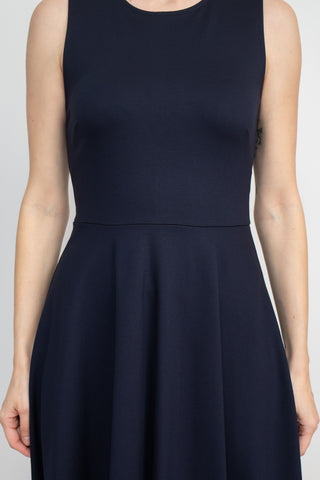 T Tahari Crew Neck Sleeveless Fit and Flare Solid Scuba Dress_navy_Front Detailed View