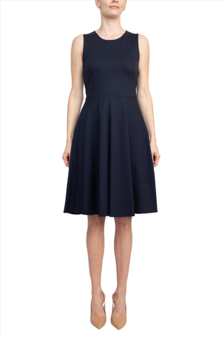 T Tahari Crew Neck Sleeveless Fit and Flare Solid Scuba Dress_navy_Front View