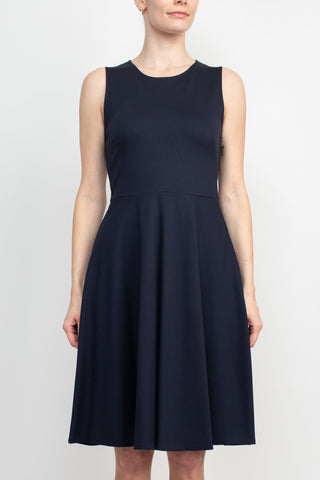 T Tahari Crew Neck Sleeveless Fit and Flare Solid Scuba Dress_navy_Front View