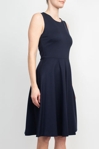 T Tahari Crew Neck Sleeveless Fit and Flare Solid Scuba Dress_navy_Side View