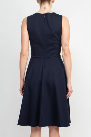 T Tahari Crew Neck Sleeveless Fit and Flare Solid Scuba Dress_navy_Back View
