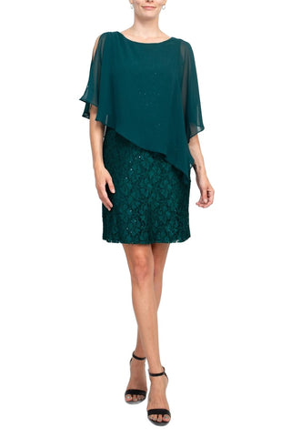 Connected  Apparel boat neck cape chiffon sleeve floral lace dress