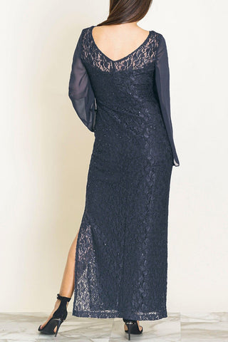 Connected Apparel Scoop Neck Chiffon Long Sleeve Slit Side Sequined Lace Dress