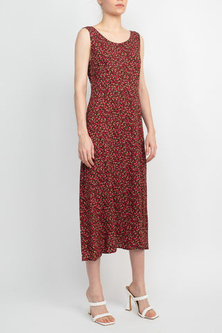 Connected Apparel Scoop Neck Sleeveless Multi Print String Tie Back Fit & Flare Rayon Dress_Red_Side View