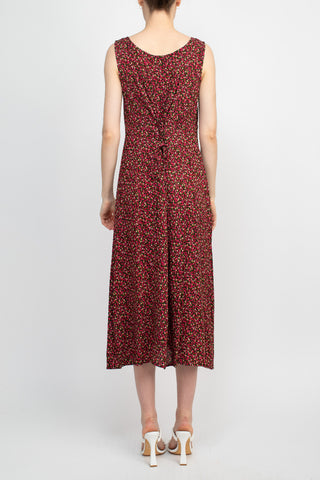Connected Apparel Scoop Neck Sleeveless Multi Print String Tie Back Fit & Flare Rayon Dress_Red_Back View