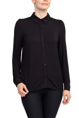 Final Sale: T Tahari Collar Neck Cuff Long Sleeves Button Detail ITY Blouse - Black - Front
