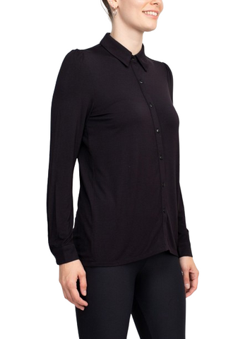 Final Sale: T Tahari Collar Neck Cuff Long Sleeves Button Detail ITY Blouse - Black - Side