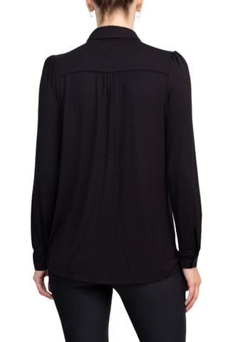 Final Sale: T Tahari Collar Neck Cuff Long Sleeves Button Detail ITY Blouse - Black - Back