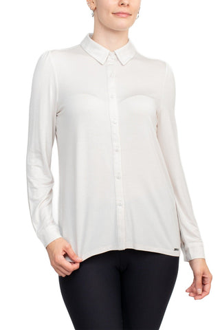 Final Sale: T Tahari Collar Neck Cuff Long Sleeves Button Detail ITY Blouse - Pale Sand - Front