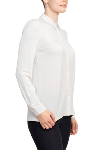 Final Sale: T Tahari Collar Neck Cuff Long Sleeves Button Detail ITY Blouse - Pale Sand - Side