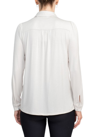 Final Sale: T Tahari Collar Neck Cuff Long Sleeves Button Detail ITY Blouse - Pale Sand - Back