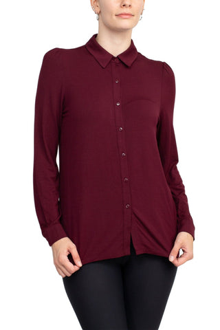 Final Sale: T Tahari Collar Neck Cuff Long Sleeves Button Detail ITY Blouse - Port - Front