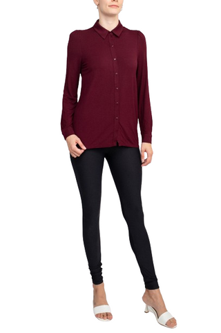 Final Sale: T Tahari Collar Neck Cuff Long Sleeves Button Detail ITY Blouse - Port - Front