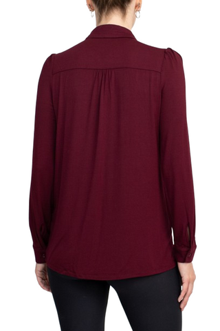 Final Sale: T Tahari Collar Neck Cuff Long Sleeves Button Detail ITY Blouse - Port - Back