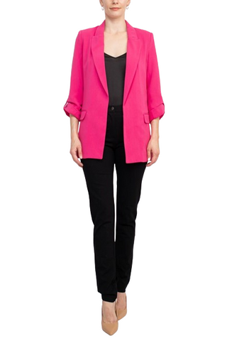 T Tahari Lapel Collar 3/4 Roll Sleeve Open Front Woven Blazer - Begonia - Front full view