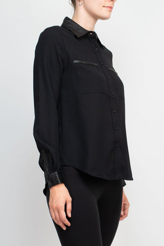T Tahari collared button down pockets leather detail crepe shirt