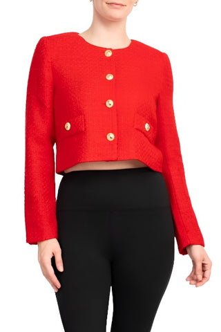 T Tahari Longsleeve collarless round neck button down cropped weed jacket with front faux pockets bl - POPPY RED - Front 