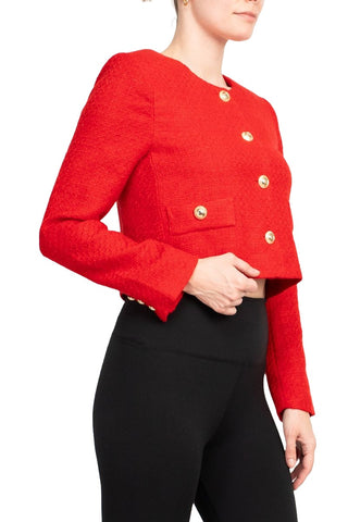 T Tahari Longsleeve collarless round neck button down cropped weed jacket with front faux pockets bl - POPPY RED - Side