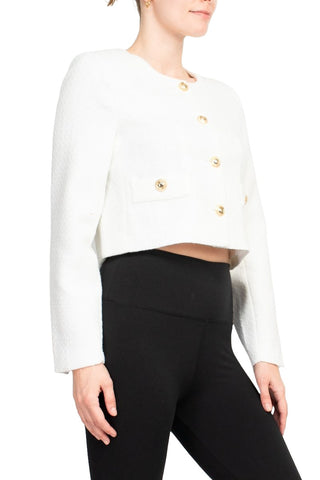 T Tahari Longsleeve collarless round neck button down cropped weed jacket with front faux pockets bl - White - Side