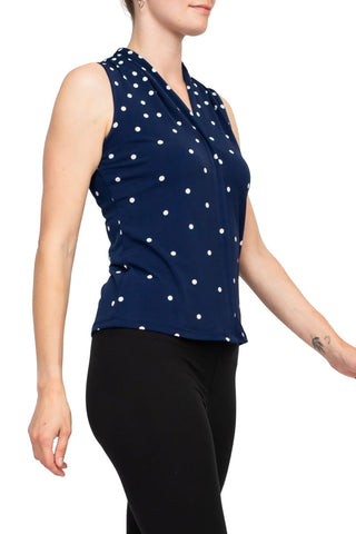 T Tahari Polka Dot Collared Neck Sleeveless Top - Royal Navy Ivory - Side