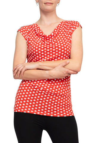 T Tahari Sleeveless Cowl Neck Polka Dots Top -  Poppy Red White -  Front