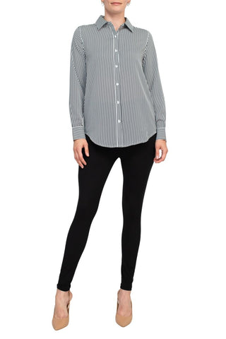 T Tahari longsleeve collared button down striped woven shirt w buttoned cuffs - Ivory - Front full view