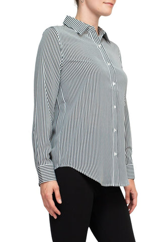 T Tahari longsleeve collared button down striped woven shirt w buttoned cuffs - Ivory - Side